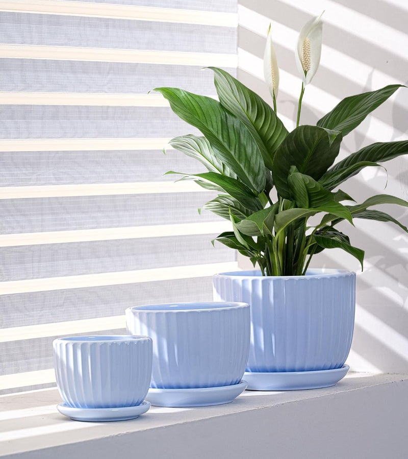 Ton Sin Sky Blue Ceramic Flower Pots, 4"+5"+6" Inch Small Succulent Planters with Drainage Hole,Modern Indoor Decorative Plant Pots Set of 3,Garden Pots with Saucer(Blue) - Image 5